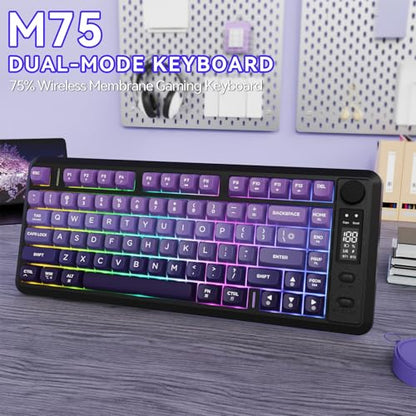 ZIYOU LANG M75 Wireless Gaming Keyboard, RGB Backlit Rechargeable 2000mAh Battery, Small Membrane But Mechanical Feel Keyboard with Smart Display & Knob, PBT Gradient keycaps for PC, MAC-Grape Purple - color: Grape Purple