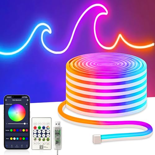 32.8FT Neon Rope Lights,Flexible RGB+IC LED Strip Lights,Remote Control,Multiple Modes,for Living Room,Bedroom,Holiday Decoration - size: RGBIC-10M