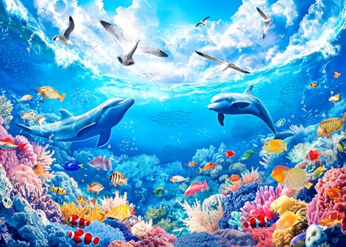 1000 Piece Puzzle for Adults - Under the Sea Puzzles for Adults 1000 Pieces, Letters on Back, Coral Dolphin Seagulls Jigsaw Puzzle, Challenging Puzzles for Teens Seniors - 27.6 x 19.7 inches - color: Coral Dolphin