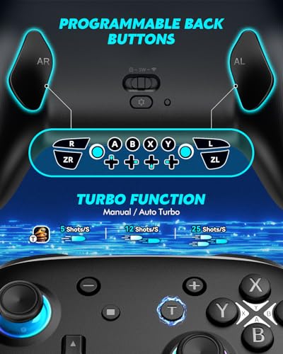 Switch Controller, Wireless Bluetooth Controller for Nintendo Switch 2/Switch/Lite/OLED, game controllers Compatible with iPhone/Mac/iPad/iOS/Android/Phone/PC/Steam and TV with Rotary Motors, RGB Hall Effect Joysticks/Macro Back Buttons/Turbo Modes/6-Axis