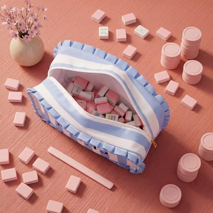 Sanwuta 1 Pcs Mahjong Tile Bag with Zipper,Blue,Ruffles | Embroidered Mahjong Case for 166 American Mahjong Tiles (1.2") Portable Bags for Board Game Party Gathering Travel - color: Blue, style: Ruffles