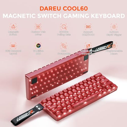 DAREU COOL60 60% Hall Effect Gaming Keyboard with Magnetic Switch, SOCD, 0.01mm Actuation Adjustable Rapid Trigger,8000 Hz Polling, Frosted Transparent Keycaps, Hot-swap, RGB Backlit - color: Red