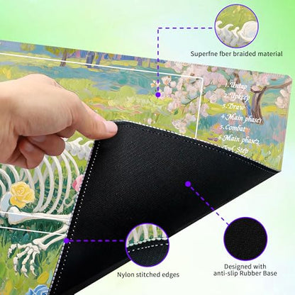 MTG Playmat with Storage Tube & 7-Dice Set - Waterproof TCG Playmat with Stitched Edges, Non-Slip Rubber Card Game Mat (24"x14") (playmat with Zones, Dragon Bone Flower Sea) - color: Dragon Bone Flower Sea, style: playmat with zones