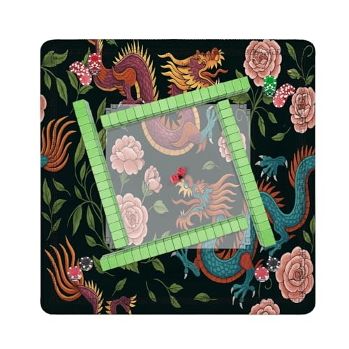 Mahjong Mat 31.5" x 31.5" Embroidery Chinese Dragons Flowers Peonies Seamless Classical Asian Non-Slip Noise Reduction Mahjong Tiles Table Cover for Dominoes Poker Card Board and Tile Games