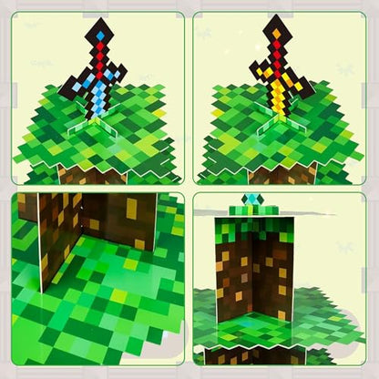 Pixel Block Cupcake Stand 3 Tier - Retro Gaming & Anime Cake Topper Holder for Birthday Party Decorations, Baby Shower Supplies, Pixel Art Centerpiece (2pc)