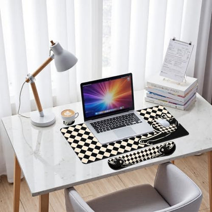 Black Cat Desk Mat Set Minimal Checkerboard Large Mouse Pad with Wrist Rest 4-in-1 Desk Mat for Desktop Ergonomic Computer Desk Arm Wrist Anti-Slip Computer Ergonomic Mouse Pad Home Office Gaming - color: Minimal Black Cat, size: 34.5" x 15.7"