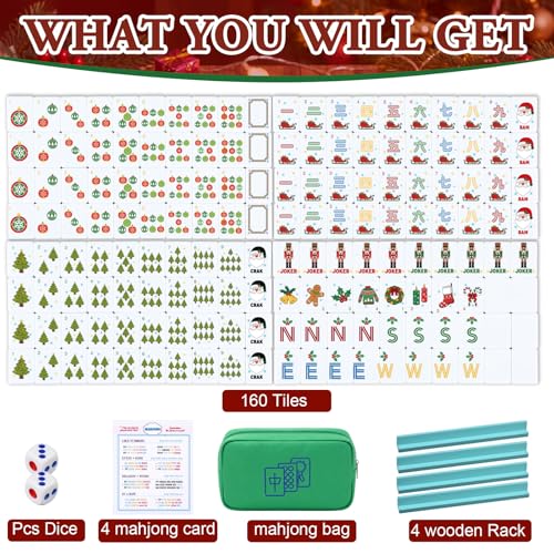 Soulchen Mini American Mahjong Tile Set Include 160 0.8 Inch Mahjong Tiles 2 Dice 4 Wooden Rulers 1 Accessory Bag 4 Beginner Rule Cards (Christmas) - style: Christmas