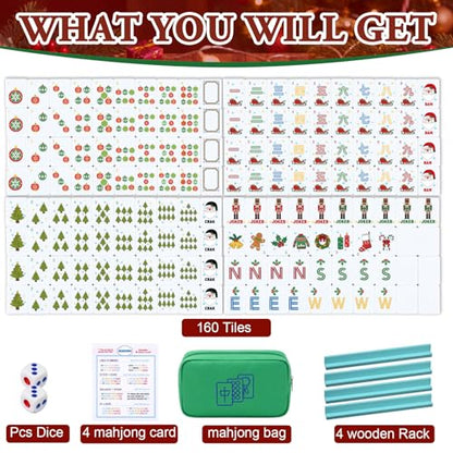 Soulchen Mini American Mahjong Tile Set Include 160 0.8 Inch Mahjong Tiles 2 Dice 4 Wooden Rulers 1 Accessory Bag 4 Beginner Rule Cards (Christmas) - style: Christmas
