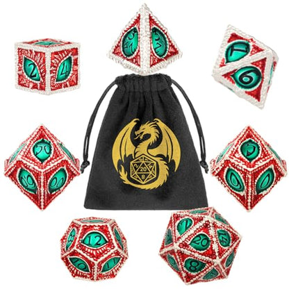 Metal Dice Set, Dragon Eye Theme, 7pcs Polyhedral Metal DND Dice Set, DND Starter Set, D&D Gifts with Gift Bag, Role Playing Board Games Accessories, Silver Red Green - color: Silver Red Green With Gift Bag