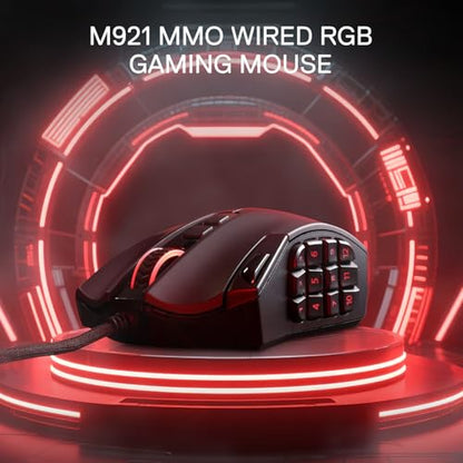 Redragon M921 Wired RGB MMO Gaming Mouse 12400 DPI Remapping Keys | Stable Lag-Free Connection, Smooth Precise Tracking, Custom Macro Keybinds, Vibing Backlight, Ergonomic Grip Body Comfort