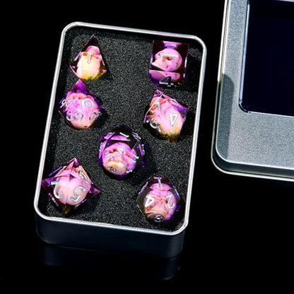 Froggod Purple Moss & Skull DND Dice Set with Gift Box for DND RPG, 7Pcs | Purple resin DND role playing dice with moss skull design and sharp edges for MTG, tabletop games and collectors - color: Purple