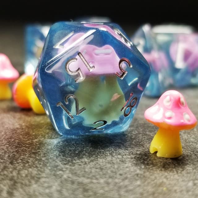Sage's Portal Familiars and Reagents Resin DND Dice Set Polyhedral Dice Set for Dungeons and Dragons RPG Tabletop TTRPG (Pink Magic Shrooms) - color: Pink Magic Shrooms