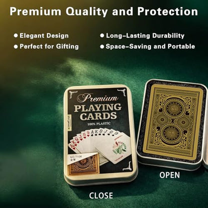 Ben Niu Bridge Size 100% Plastic Playing Cards Silver Edge Tin Box | Waterproof pvc deck, mechanical gear pattern, larger index readability, sturdy metal container, fully washable material - color: Silver Foil Bridge With Box