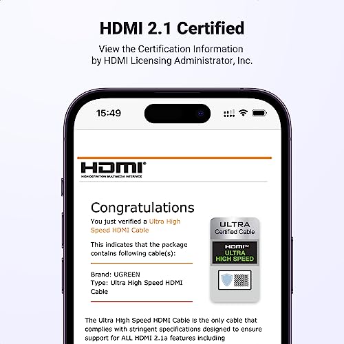UGREEN 8K HDMI 2.1 Cable Certified 48Gbps 240Hz Ultra High Speed Cord 16FT | 10K 8K@60Hz, 4K 240Hz, Braided, HDCP 2.2&2.3 eARC HDR Dolby, Compatible With PS5, Xbox X, Switch 2, Roku, Mac mini M4 Pro - size: 16FT