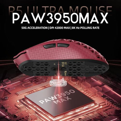 ATTACK SHARK R5Ultra 8K Carbon Fiber Wireless Gaming Mouse, Red&Tape | 42K DPI,PAW3950 MAX Sensor,39g Ultra-Lightweight,Nordic 52840 MCU Chip,Wired/BT/2.4GHz Wireless Programmable Mouse for PC/Mac - color: Red&Griptape