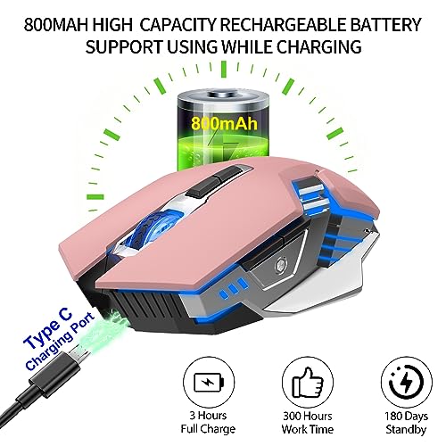 Bluetooth Wireless Gaming Mouse, RGB Rechargeable USB Wireless Mouse, Quiet Click, LED Backlit, Ergonomic, with Side Button, DPI Adjustable Computer Mice for Laptop PC MacBook Chromebook - Pink - color: pink
