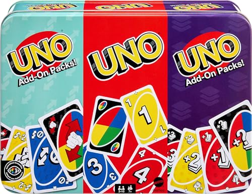 Mattel Games UNO Card Game with 2 Add On Packs with Storage Tin | Includes UNO Deck and 2 Add-On Packs for Kids, Teens & Family Game Night for Ages 7+, 2-10 Players (Amazon Exclusive)