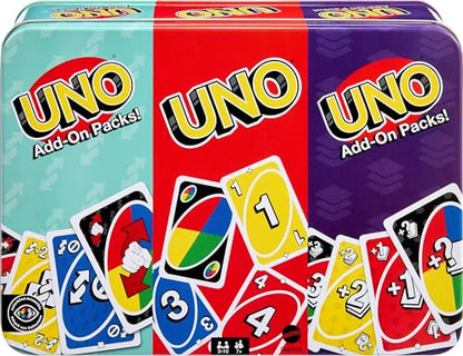 Mattel Games UNO Card Game with 2 Add On Packs with Storage Tin | Includes UNO Deck and 2 Add-On Packs for Kids, Teens & Family Game Night for Ages 7+, 2-10 Players (Amazon Exclusive)