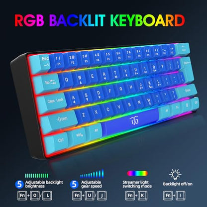 Snpurdiri 60% Wired Gaming Keyboard, RGB Ultra-Compact Mini Keyboard, Waterproof Mechanical Feeling Small Keyboard for PC/Mac Gamer, Typist, Travel, Easy to Carry on Business Trip (Wathet-Blue) - color: Wathet and Blue
