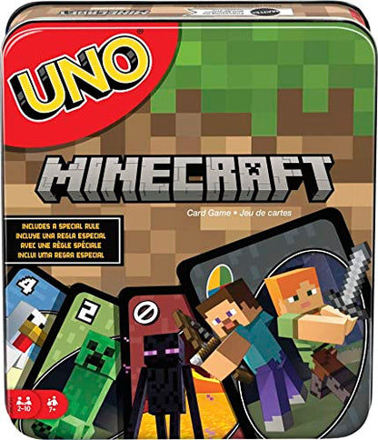Mattel Games UNO Card Game, Gifts for Kids and Family Night, Themed to Minecraft Video Game, Travel Games, Storage Tin Box (Amazon Exclusive) - style: UNO Minecraft