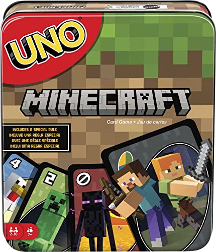 Mattel Games UNO Card Game, Gifts for Kids and Family Night, Themed to Minecraft Video Game, Travel Games, Storage Tin Box (Amazon Exclusive) - style: UNO Minecraft