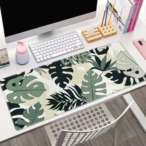 Linear Tropical Leaves Desk Mat, Extended Big Mouse Mat for Home and Office, Large Gaming Mousepad Laptop Keyboard Mat with Non-Slip Rubber Base, Stitched Edges (31.50"x11.8"x0.12") - color: Linear Tropical Leaves