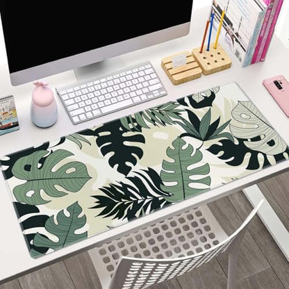 Linear Tropical Leaves Desk Mat, Extended Big Mouse Mat for Home and Office, Large Gaming Mousepad Laptop Keyboard Mat with Non-Slip Rubber Base, Stitched Edges (31.50"x11.8"x0.12") - color: Linear Tropical Leaves