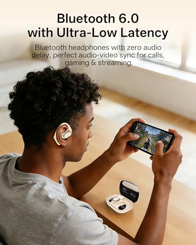 Open Ear Earbuds, Over Ear Headphones with Ear Hooks, True Wireless Bluetooth 6.0 Earphones, Stereo Sound, Ultra-Comfort, 50H Playback, IPX7 Waterproof Ear Buds with Mics for Running Sports - color: White