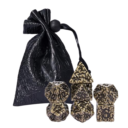 Cusdie 7 PCs Metal DND Dice Set, Brain Design Metal Dice, D&D Polyhedral Dice Set with Skull Dice Bag, for Role Playing Game D&D Dice (Bronze) - color: Brain Bronze