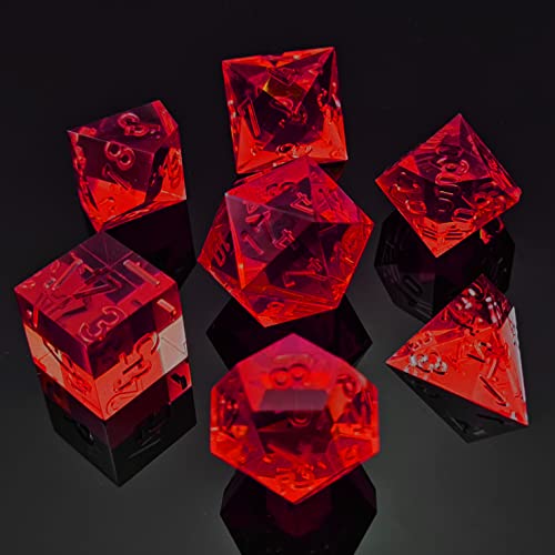 Bescon Crystal Clear (Unpainted) Sharp Edge DND Dice Set of 7, Razor Edged Polyhedral D&D Dice Set for Dungeons and Dragons Role Playing Games, Ruby Color - color: Ruby