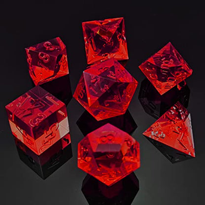 Bescon Crystal Clear (Unpainted) Sharp Edge DND Dice Set of 7, Razor Edged Polyhedral D&D Dice Set for Dungeons and Dragons Role Playing Games, Ruby Color - color: Ruby