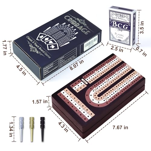 Cribbage Board Game Set - Wooden Foldable 3-Track Board with Magnetic Closure, 9 Metal Pegs, Playing Cards, Portable Family Travel Game for Gatherings and Gifts