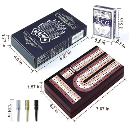 Cribbage Board Game Set - Wooden Foldable 3-Track Board with Magnetic Closure, 9 Metal Pegs, Playing Cards, Portable Family Travel Game for Gatherings and Gifts
