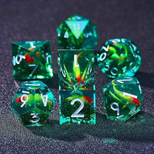 Moss and Koi Fish DND Dice Set - 7Pcs Sharp Edge Resin Polyhedral Game Dice for D&D RPG - Includes D20, D12, D10, D8, D6, D4 - Moss Agate Fish Design(Green) - color: Green