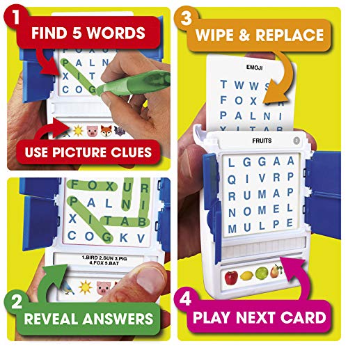 100 PICS Word Search Travel Game - 100 Puzzles with Picture Clues | 50 Wipe Clean Cards with Slide Reveal case and Pen | Activity, Gift, Stocking Stuffer | for Kids and Adults, Age 6+ - style: Word Search