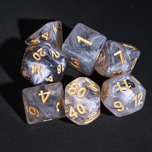 7-Die DND Dice Set Polyhedral Dice Set with a Leather Dice Bag, D&D Dice Set for RPG Table Games (Transparent Black Mix White) - color: Black Mix White