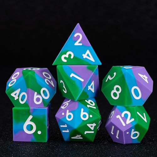 DND Sharp Edges Dice, D&D Silicone Rubber Polyhedral Dice Set 7pcs (D4, D6, D8, D10, D12, D20, D%) for Dungeons and Dragons, RPG, MTG for Ages 15 and Up - color: Purple Blue Green