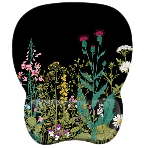 EooCoo Ergonomic Mouse Pad with Wrist Rest, Memory Foam Support Mousepad | Non-Slip Base for Computer, Cafe, Home & Office, 9.64 x 8.26 in Office Desk Accessories, Carpal Tunnel Relief - color: Black Weeds