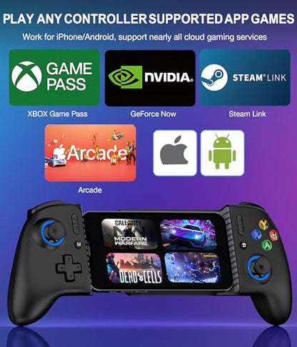 LIFUFUTEE Mobile Gaming Controller for iPhone/Android, Wireless Phone Controller with Hall Joysticks/Triggers, Mobile Controller Support Phone Case for Xbox Game Pass, Steam Link & More, Black