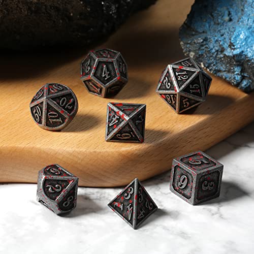 Acient Silver Bloodstained Metal Dice Set DND, DNDND 7PCS Metallic Halloween Die with Metal Case for Dungeons and Dragons Tabletop Games - color: Blood Iron