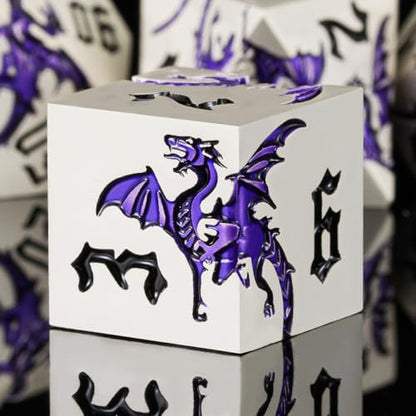 Sharp Edge DND Dragon Dice Set,Metal Polyhedral Dice with Dragon for Dungeons and Dragons RPG TTRPG D&D 7-Die Set with Gift Case Pearl Silver Transparent Purple - color: Dragon-pearl Silver Transparent Purple