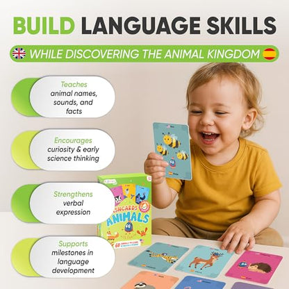Kidrox Animals Flash Cards, English Learning Cards with Spanish Translations Included, Indestructible Double-Sided, 30 Cards - style: Animals