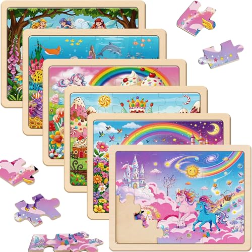 Puzzles for Kids Ages 3-5, 6 Pack Wooden Jigsaw Puzzles 24 Pieces – Unicorn Princess & Mermaid Educational Toys for Toddlers 4-6 Year Old, Gift Box, Easter Christmas Birthday Gifts for Kids - color: Unicorn Princess & Mermaid