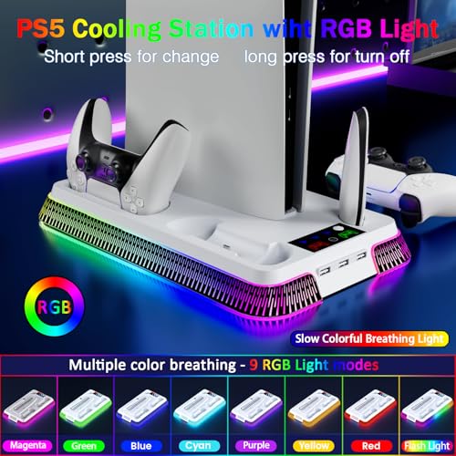 PS5 Stand for PlayStation 5 Console, PS5 Cooling Station & Charging Station with RGB, PS5/Slim/Pro Controller Charger Incl.3 Level Fan,Headset, PS5/Slim/Pro Accessories Comes 3 USB Ports - color: Piano-White