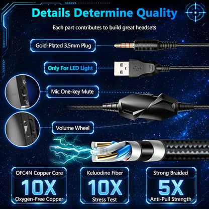 K98 Wired RGB Gaming Headset with Mic, Over Ear Gaming Headphones, 50mm Neodymium Drivers, Noise Isolating Microphone, Memory Foam Cushions, Aluminum Alloy Frame for PC, PS5, PS4, Xbox, Switch - color: Black/Gray RGB