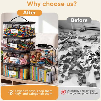 Clear Toy Storage Bags, 10-Pack PVC Organizer Bags with Labels | Reusable PVC bags with zipper, label and manual pockets for blocks, board games, puzzles, books, classrooms and travel