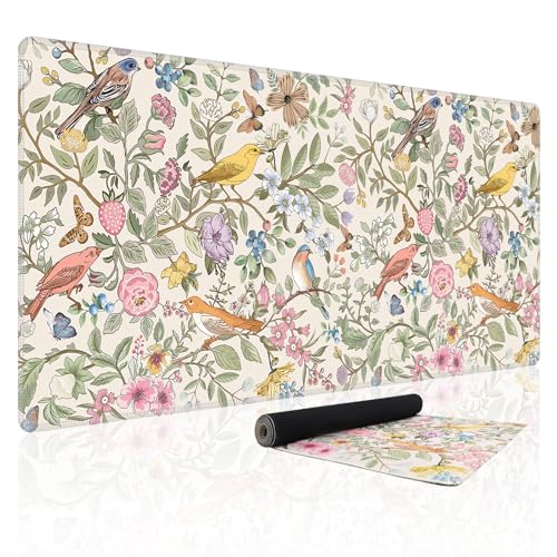 Baziabbo Cute Desk Mat,XXL Extended Big Mouse Pad,Gaming Mousepad with Stitched Edge,Non-Slip Rubber Base Keyboard Desk Pad for Home Office Study Game - color: Bird and Flower