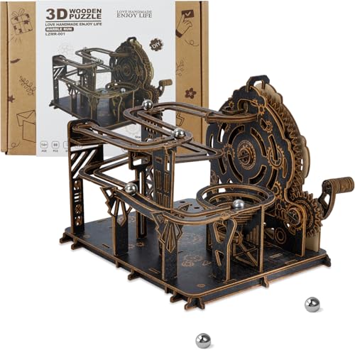 3D Wooden Puzzles for Adults, Mechanical Marble Run Model Kits to Build, DIY Wooden Puzzle with 6 Steel Marbles, Unique Birthday Gifts for Women Men - color: Darkwood Golden Wheel