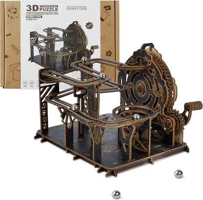3D Wooden Puzzles for Adults, Mechanical Marble Run Model Kits to Build, DIY Wooden Puzzle with 6 Steel Marbles, Unique Birthday Gifts for Women Men - color: Darkwood Golden Wheel