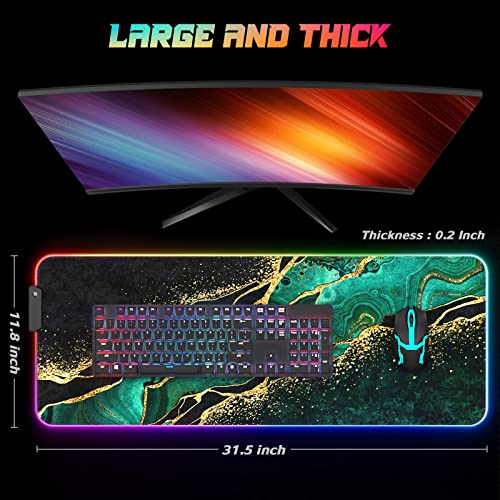 ITNRSIIET RGB Gaming Mouse Pad, Full Desk XL Extended Large Gaming Mousepad, 12 Lighting Modes, 30% Thicker, Big LED Desk Mat for Keyboard Computer Men Gamers Esport Pros, 32" x 12", Black Teal Marble - color: Luxurious Teal Marble